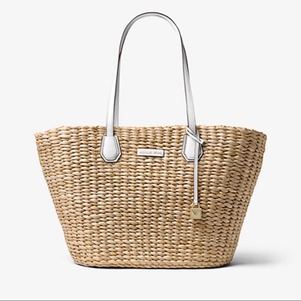 Michael Kors basket linen lined Tote with white handles.